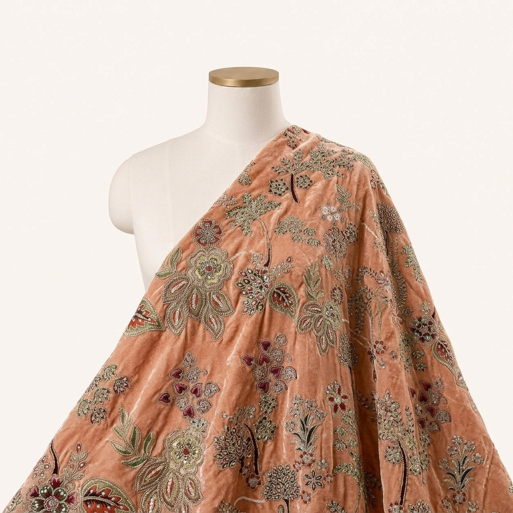 Peach Embroidery Crepe Fabric Draped as a saree