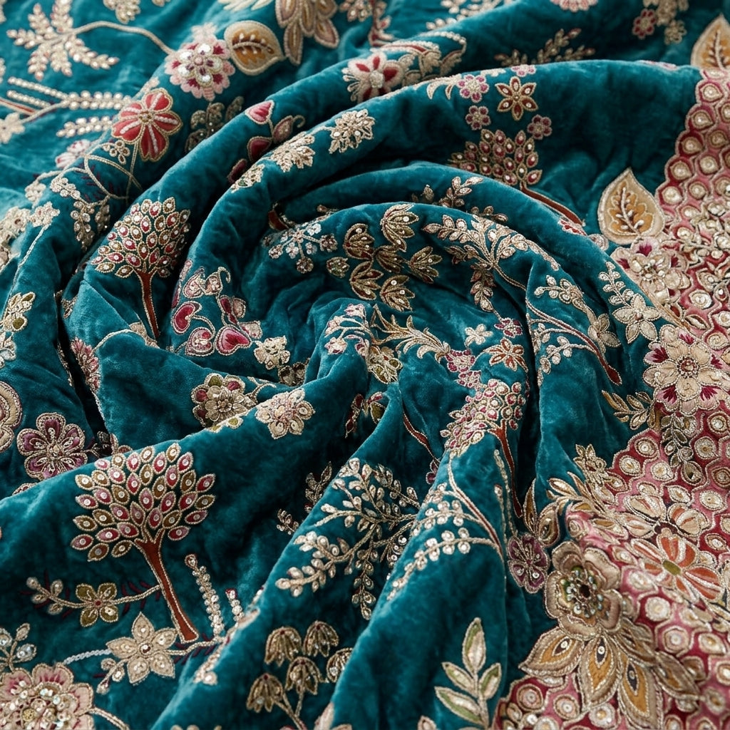 Blue Embroidery Crepe Fabric, swirled to show the drape