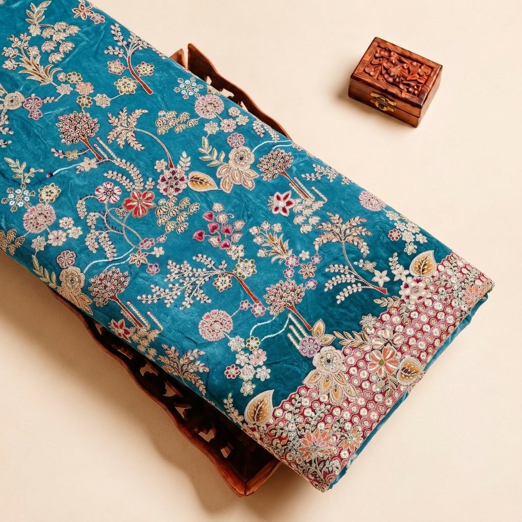 Blue Embroidery Crepe Fabric, folded