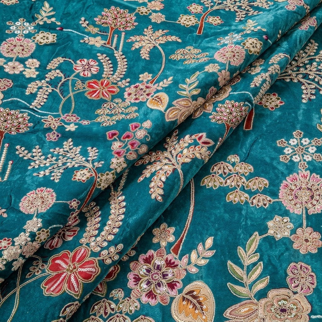 Folded Blue Embroidery Crepe Fabric