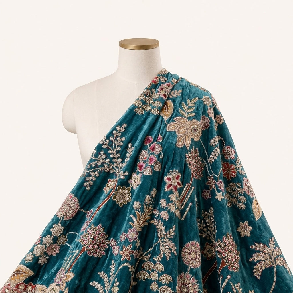 Blue Embroidery Crepe Fabric Draped as a saree