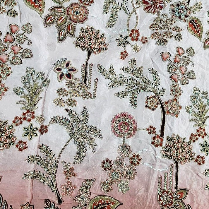 Pink Embroidery Crepe Fabric, laid flat