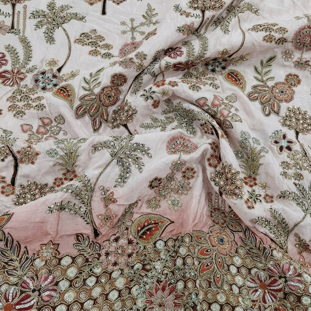 Swirled Pink Embroidery Crepe Fabric Showing Thread Work Sequin Floral and Drape