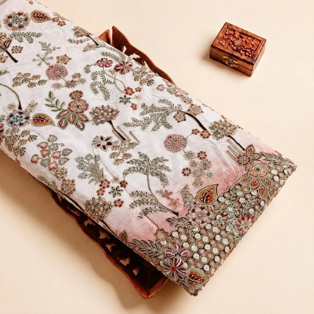 Pink Embroidery Crepe Fabric, folded