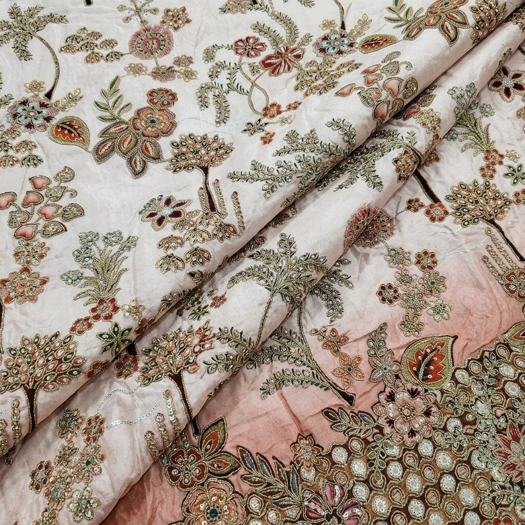 Folded Pink Embroidery Crepe Fabric