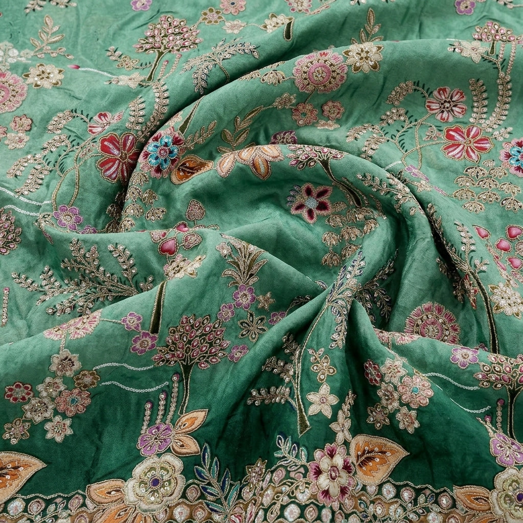 Swirled Green Embroidery Crepe Fabric Showing Thread Work Sequin Floral and Drape