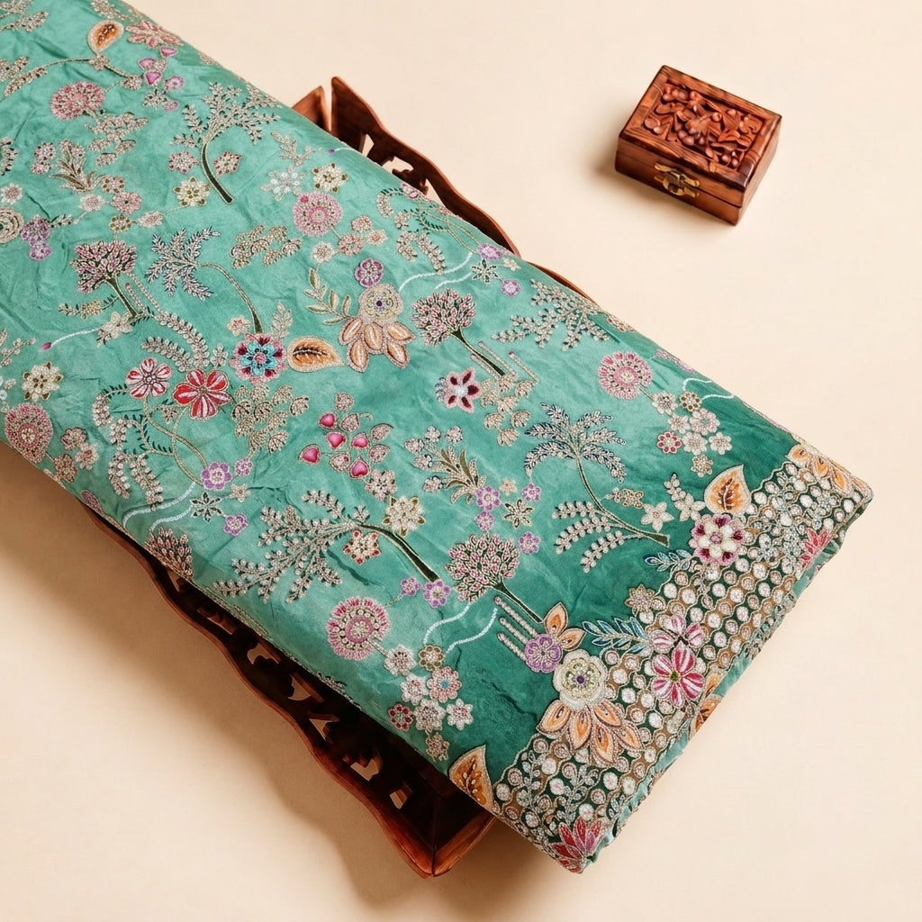 Green Embroidery Crepe Fabric, folded