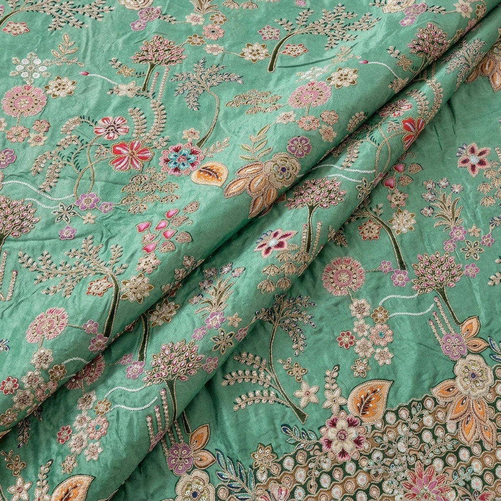 Folded Green Embroidery Crepe Fabric