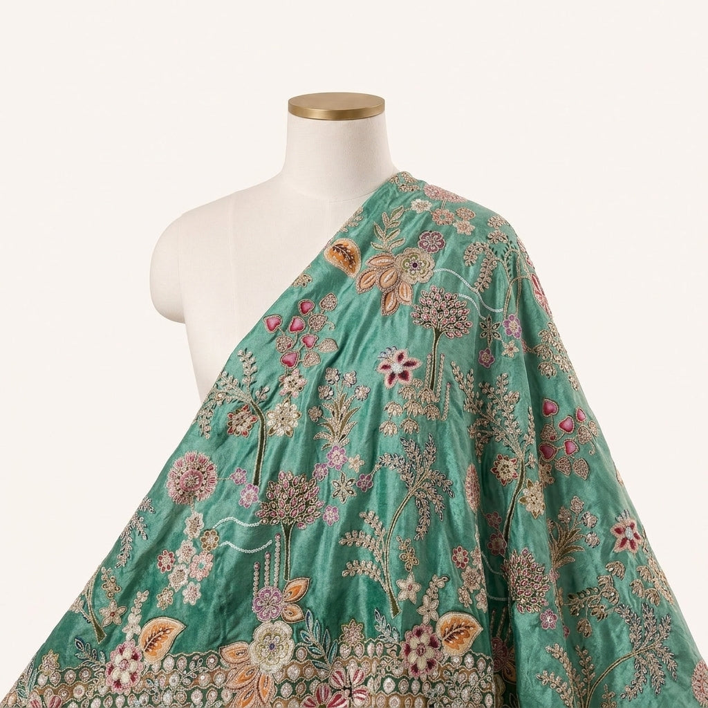 Green Embroidery Crepe Fabric Draped as a saree