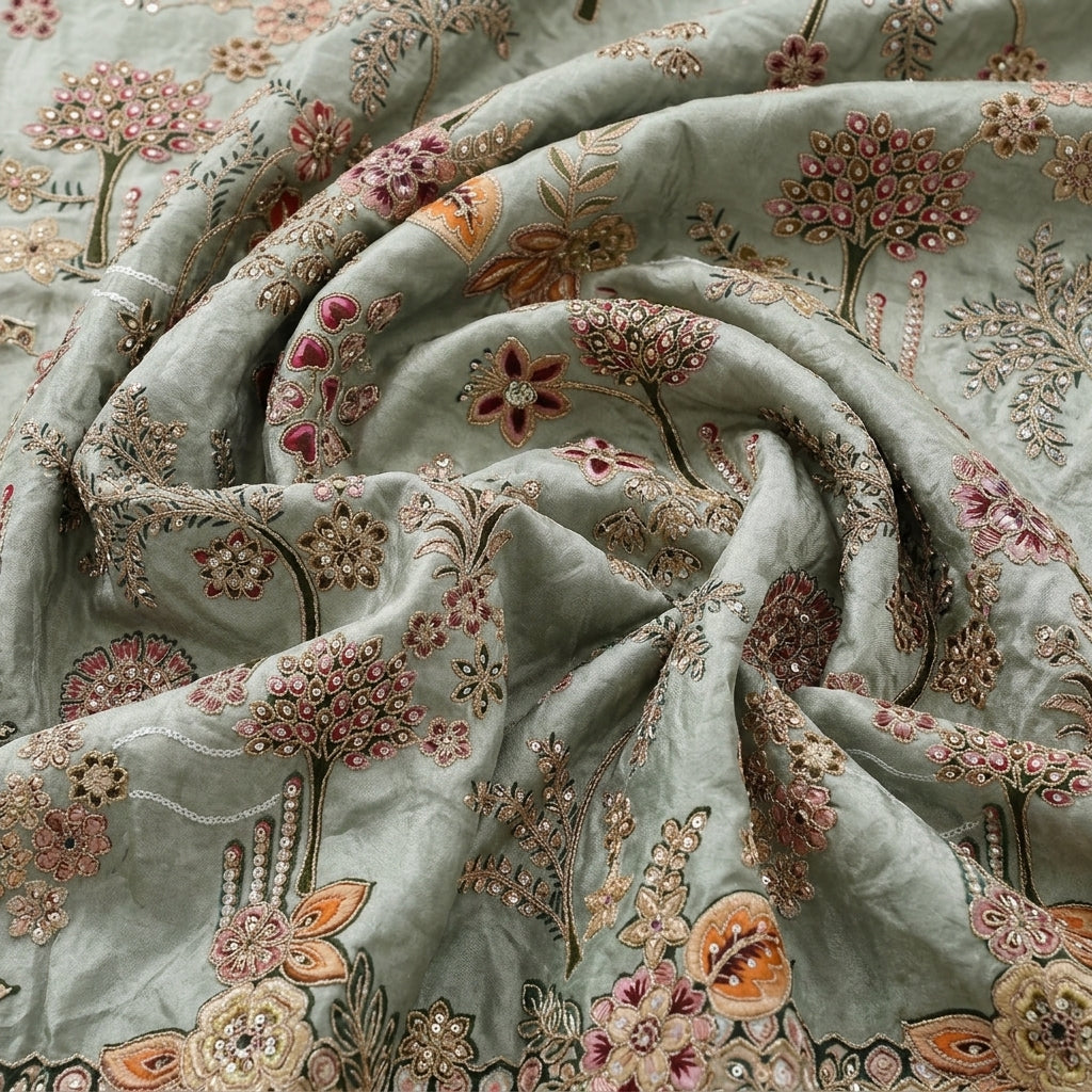Swirled Green Embroidery Crepe Fabric Showing Thread Work Sequin Floral and Drape
