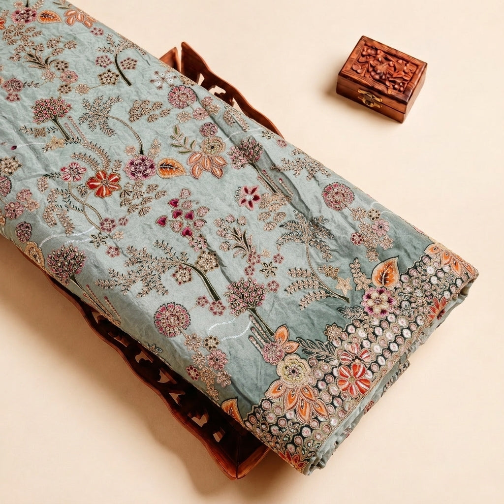 Green Embroidery Crepe Fabric, folded