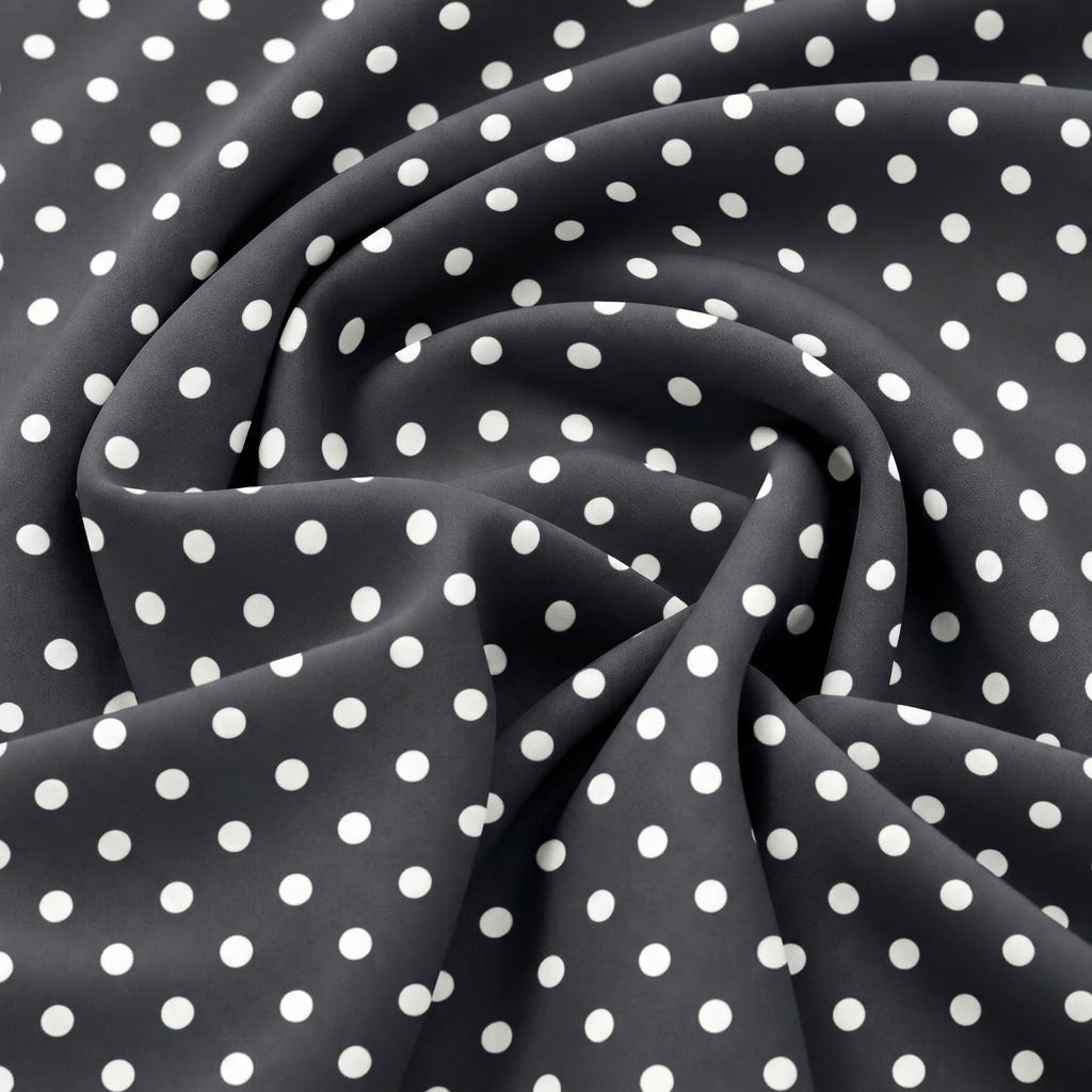 Swirled Black Polka Dots Cotton Fabric Showing Drape