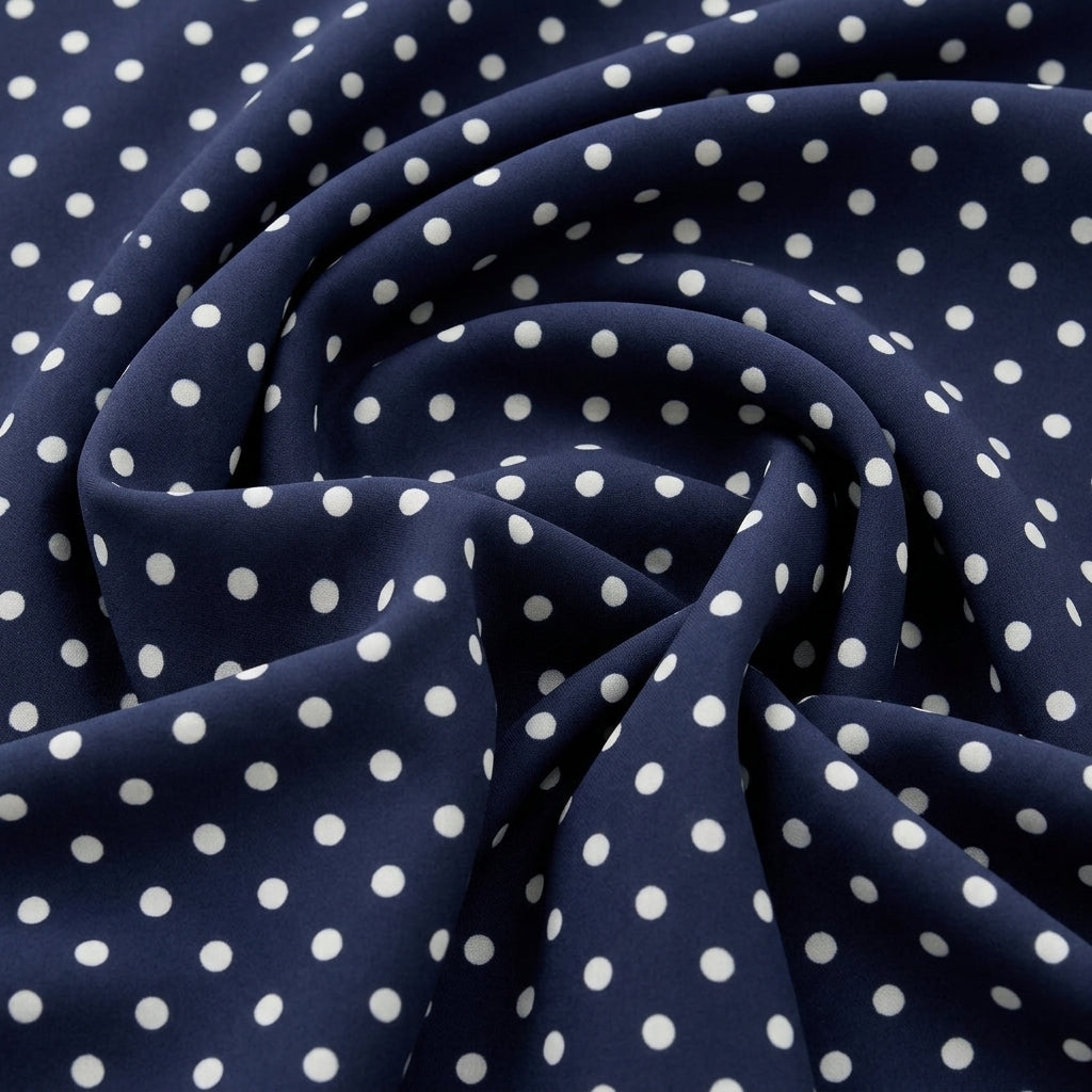 Swirled Navy Blue Polka Dots Cotton Fabric Showing Drape