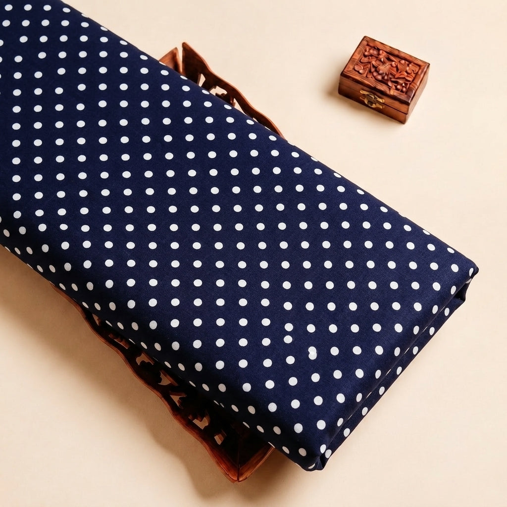 Navy Blue Polka Dots Cotton Fabric, folded