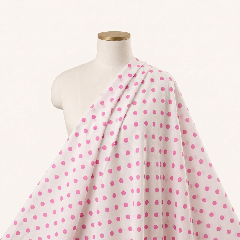 White Polka Dots Cotton Fabric Draped as a saree