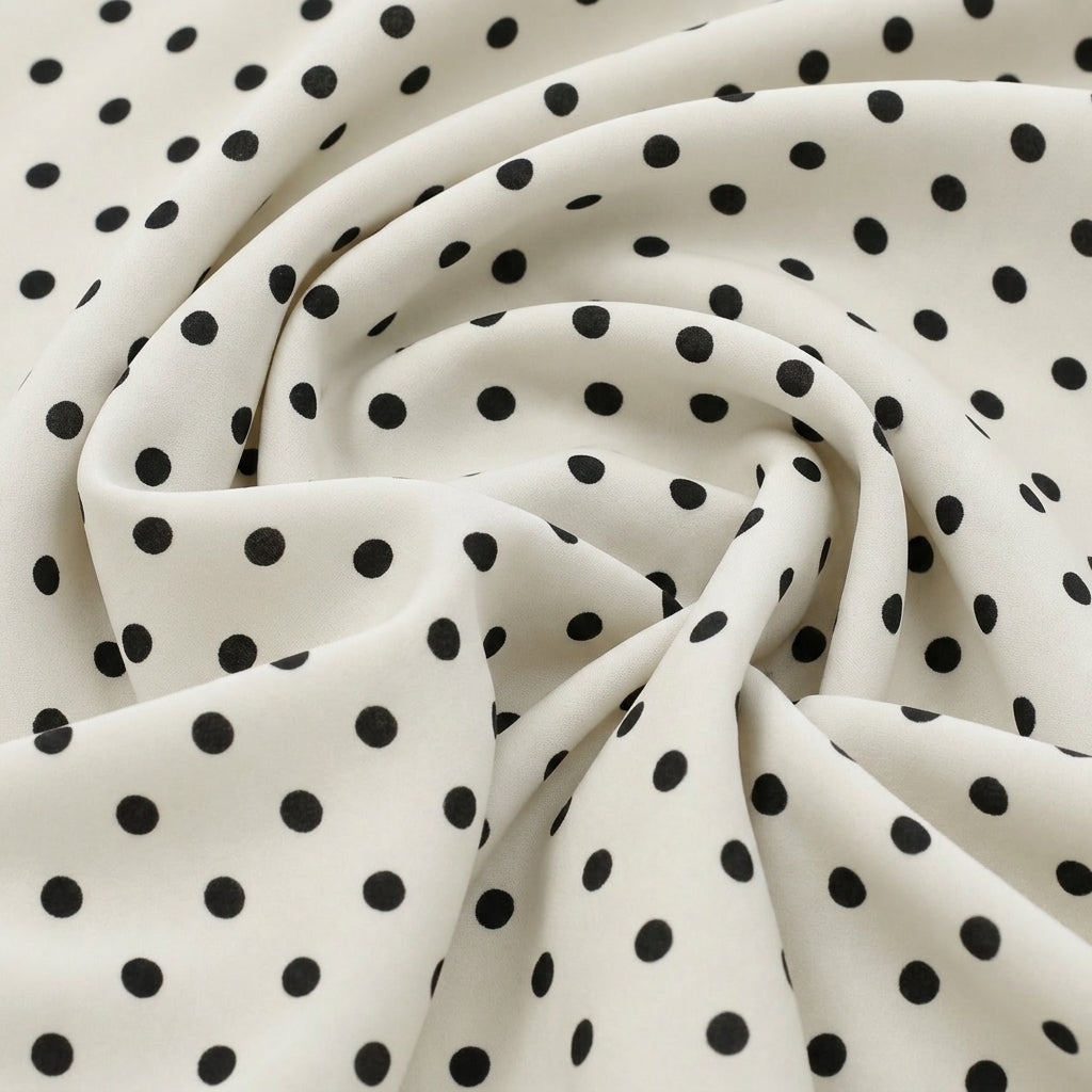 Swirled White Polka Dots Cotton Fabric Showing Drape
