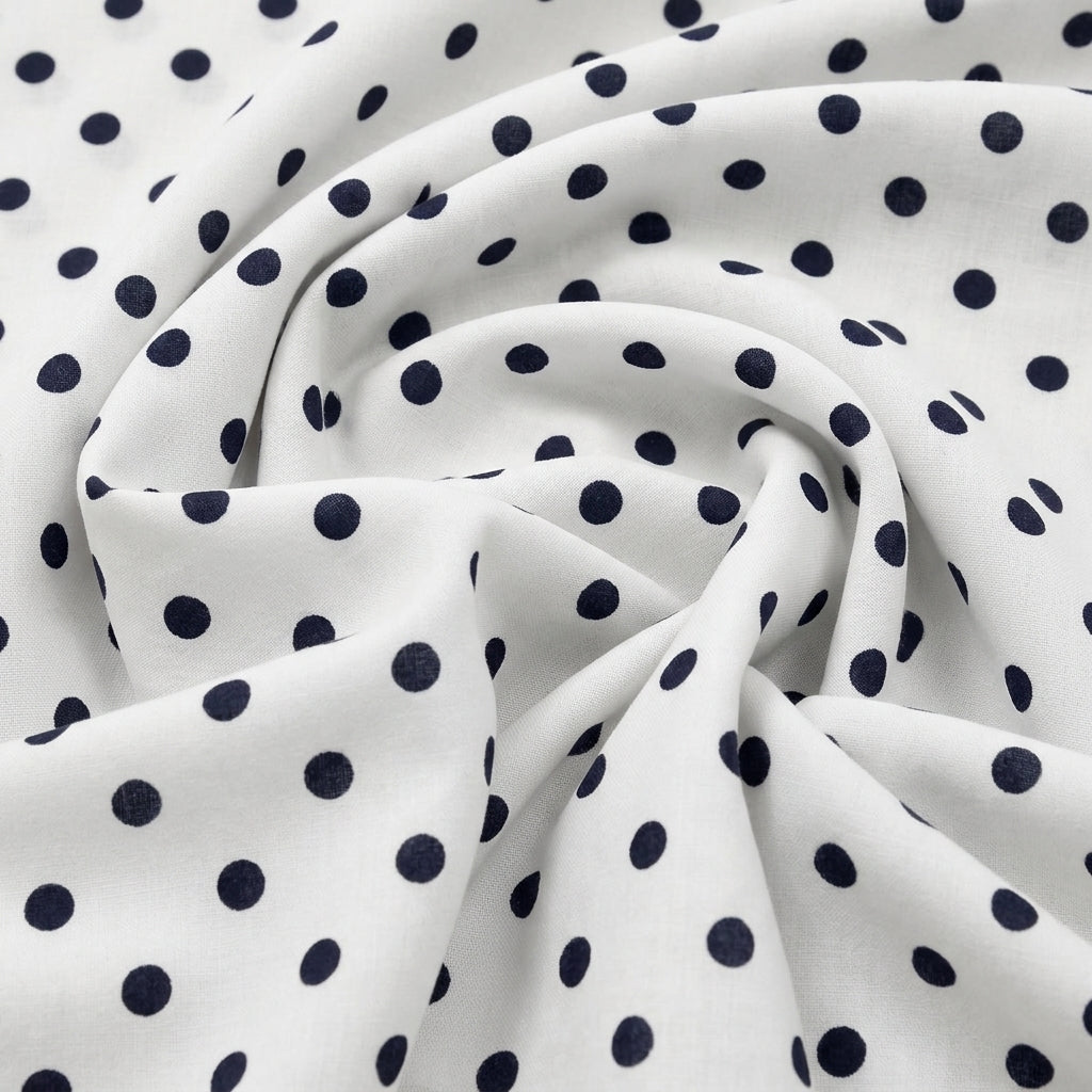 Swirled White Polka Dots Cotton Fabric Showing Drape