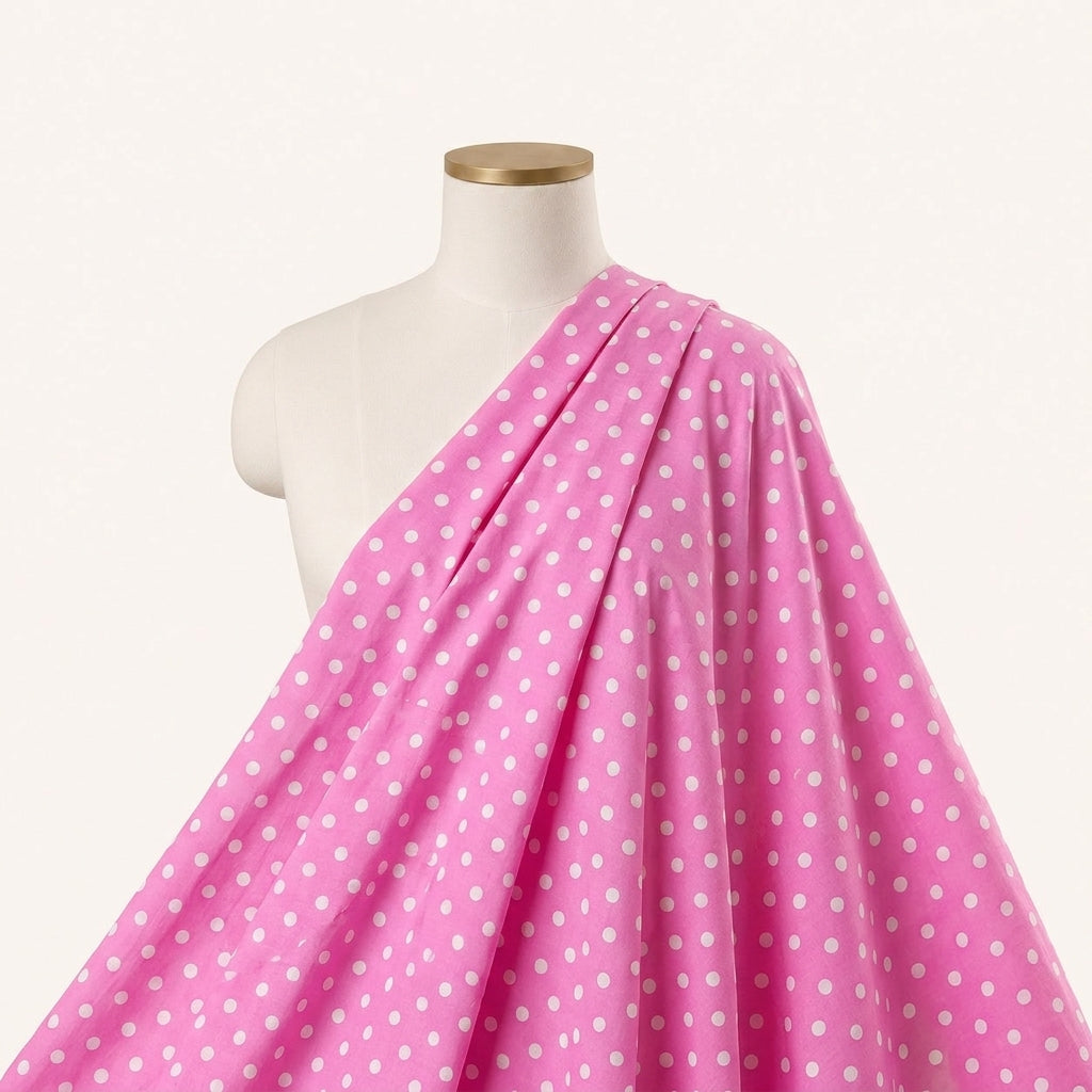 Pink Polka Dots Cotton Fabric Draped as a saree