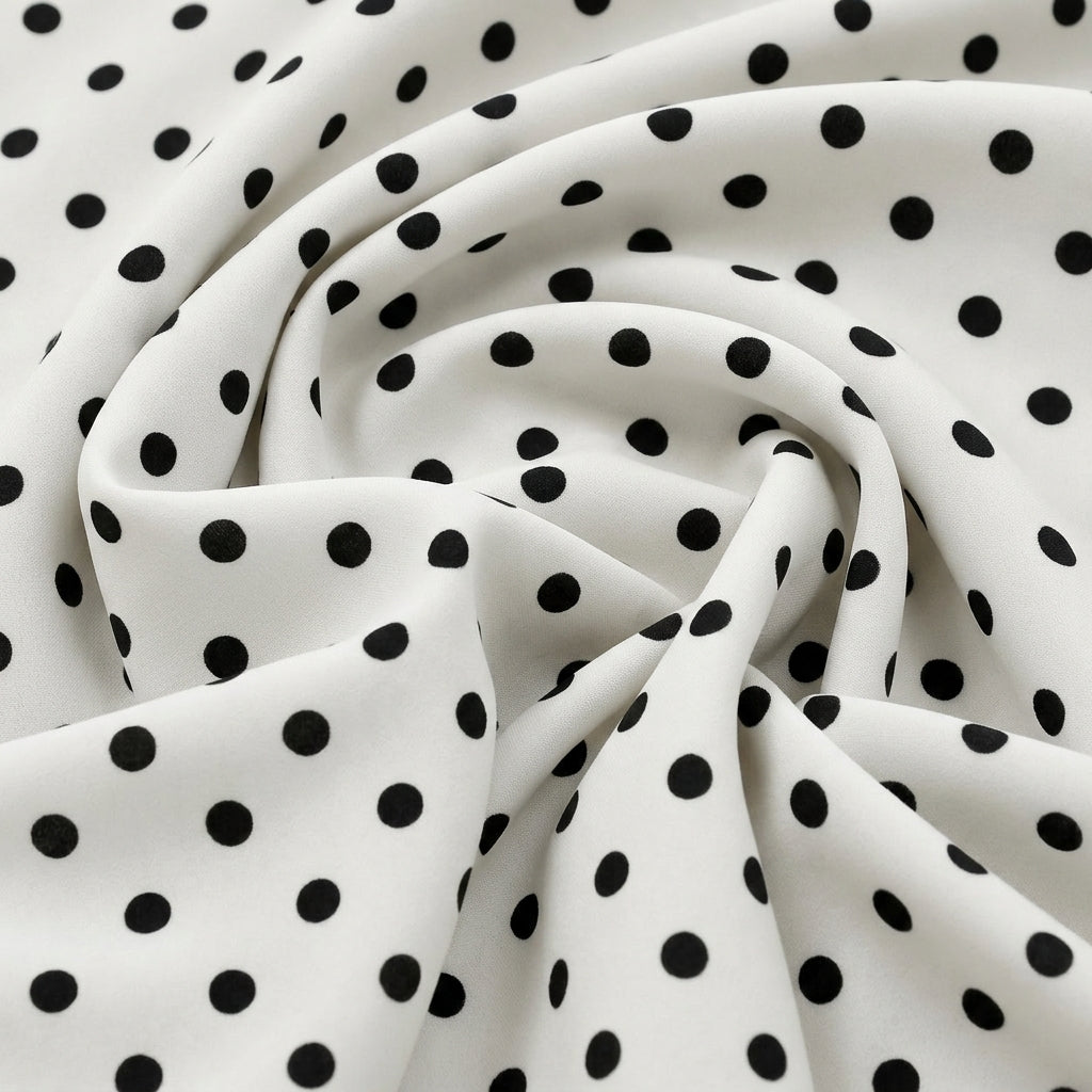 Swirled White Polka Dots Cotton Fabric Showing Drape