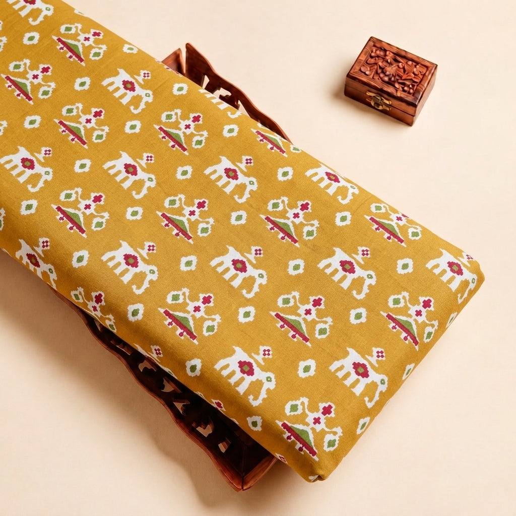 Yellow Patola Print Cotton Fabric, folded