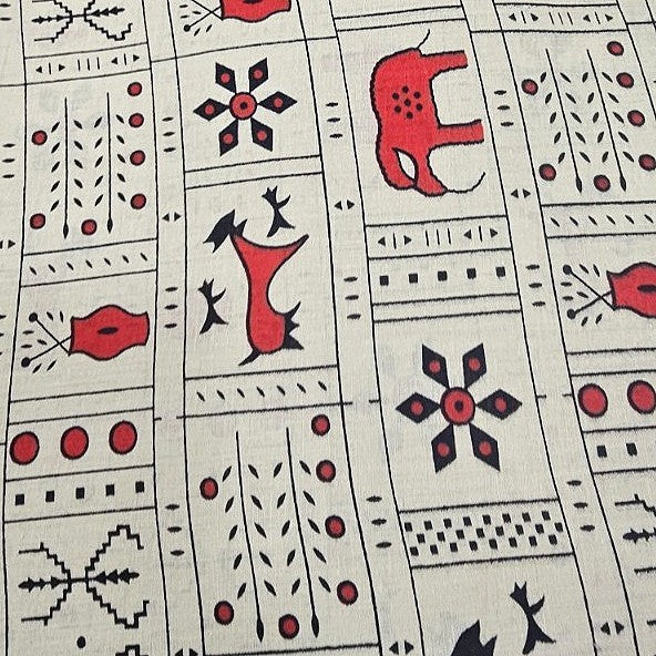 Beige Printed Cotton Fabric, laid flat