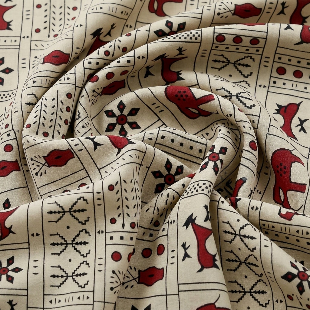 Swirled Beige Printed Cotton Fabric Showing Drape