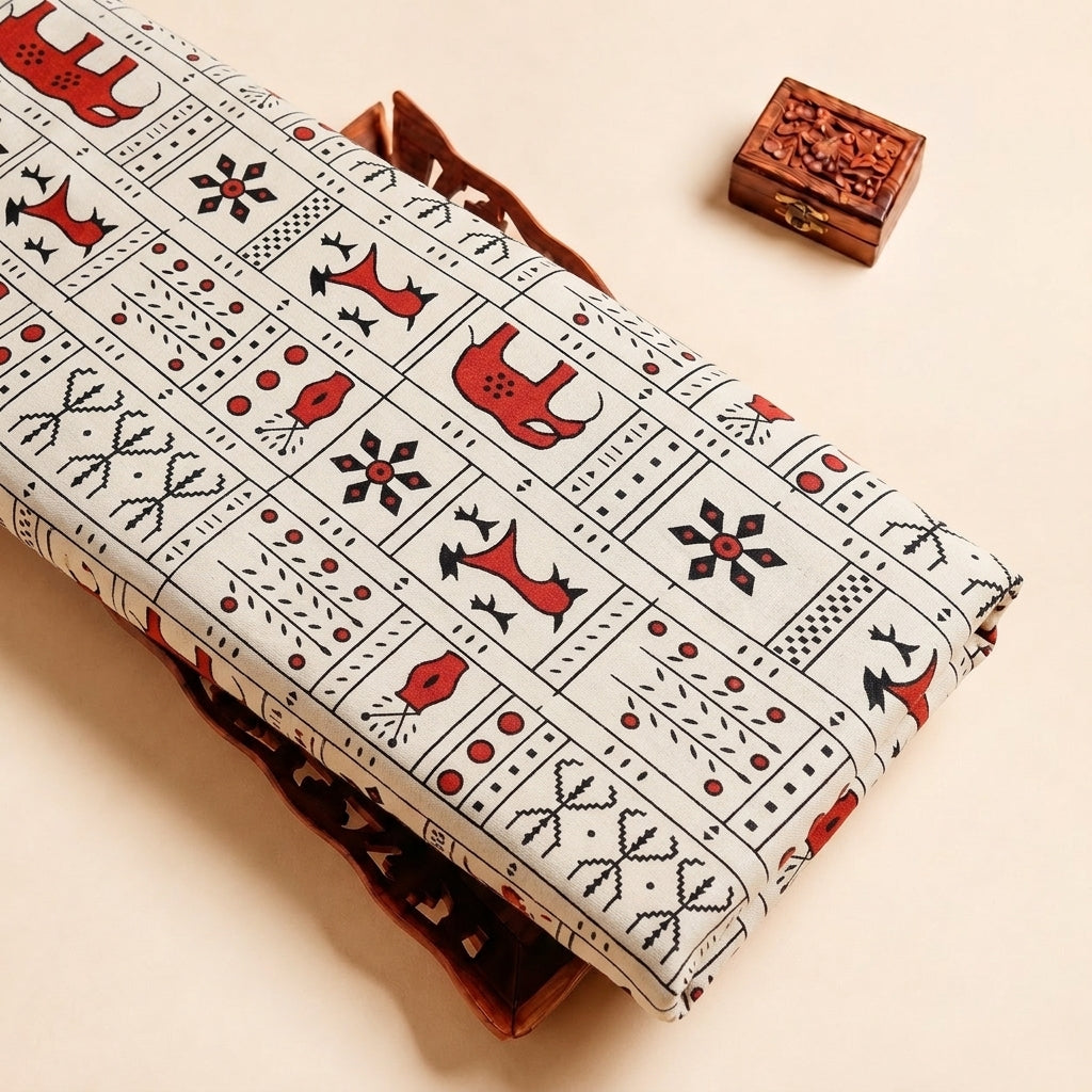 Beige Printed Cotton Fabric