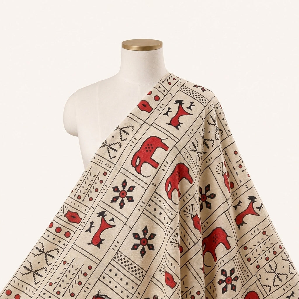 Beige Printed Cotton Fabric Draped as a saree