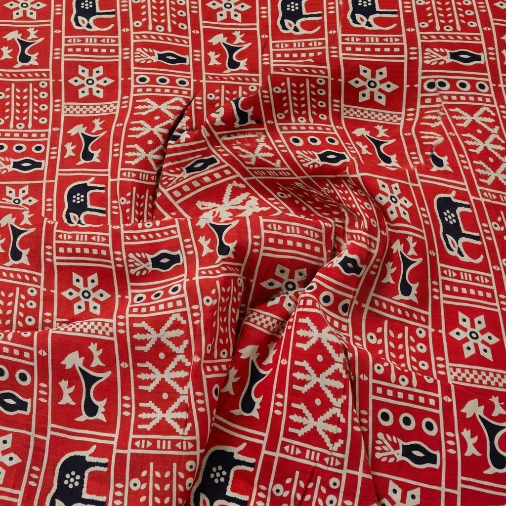 Swirled Red Printed Cotton Fabric Showing Drape
