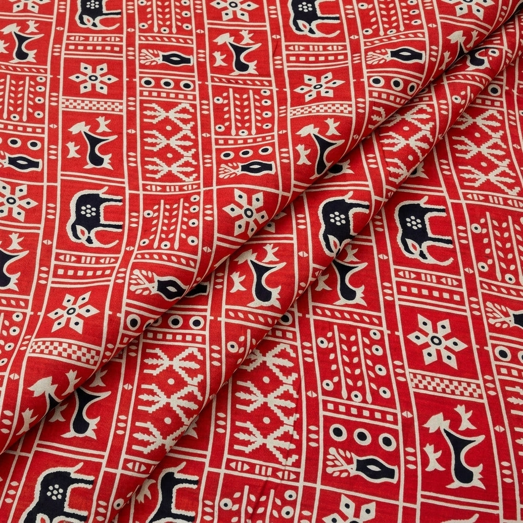 Folded Red Printed Cotton Fabric