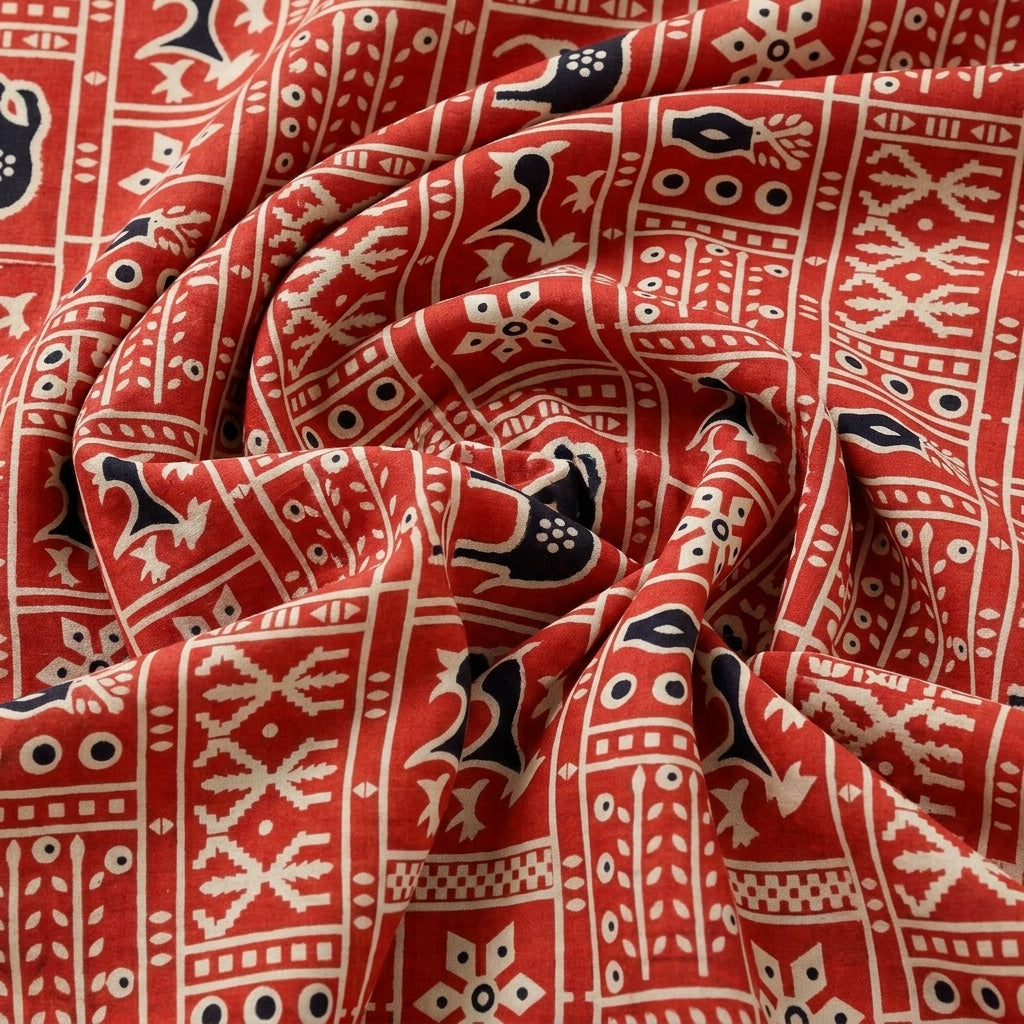 Swirled Red Printed Cotton Fabric Showing Drape