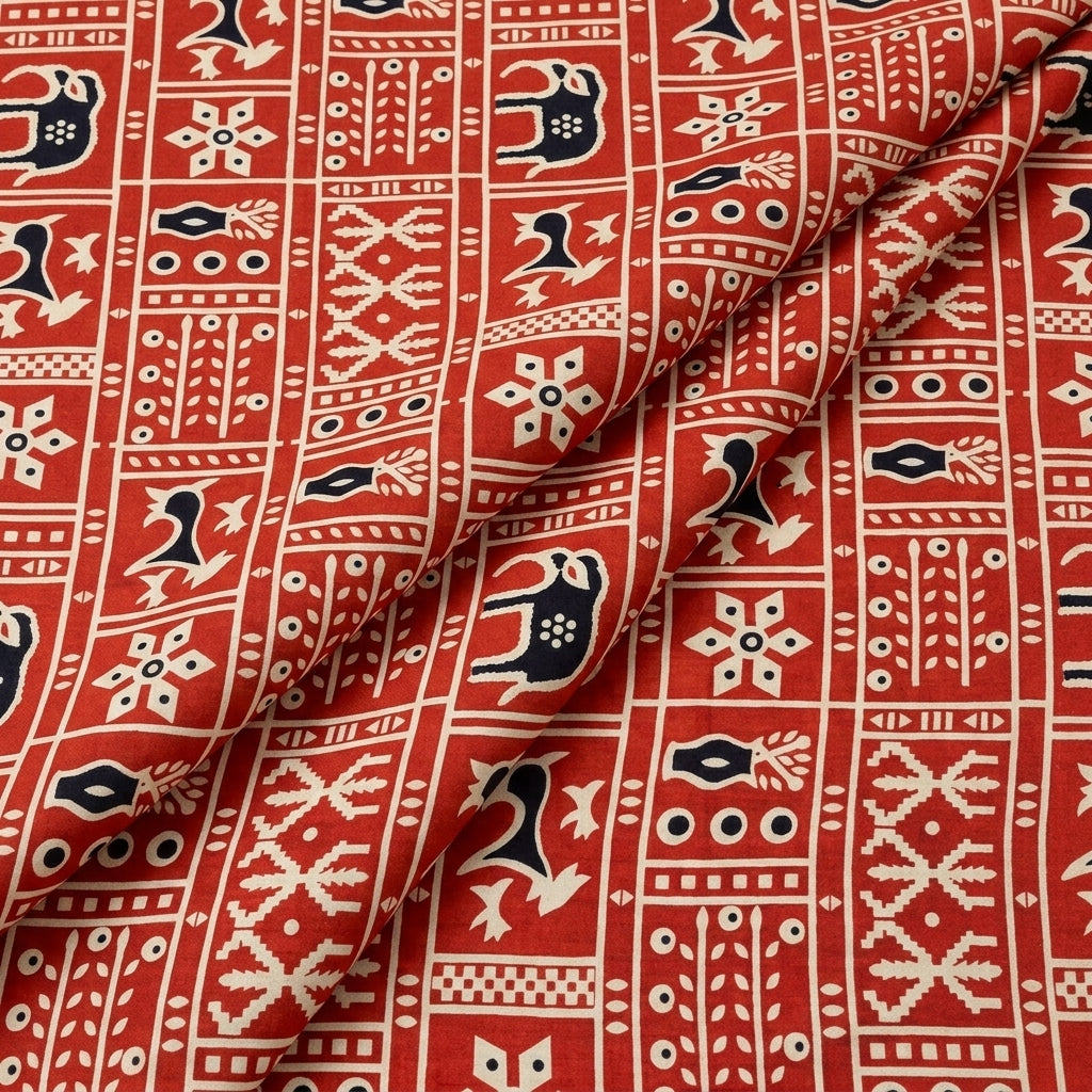Folded Red Printed Cotton Fabric