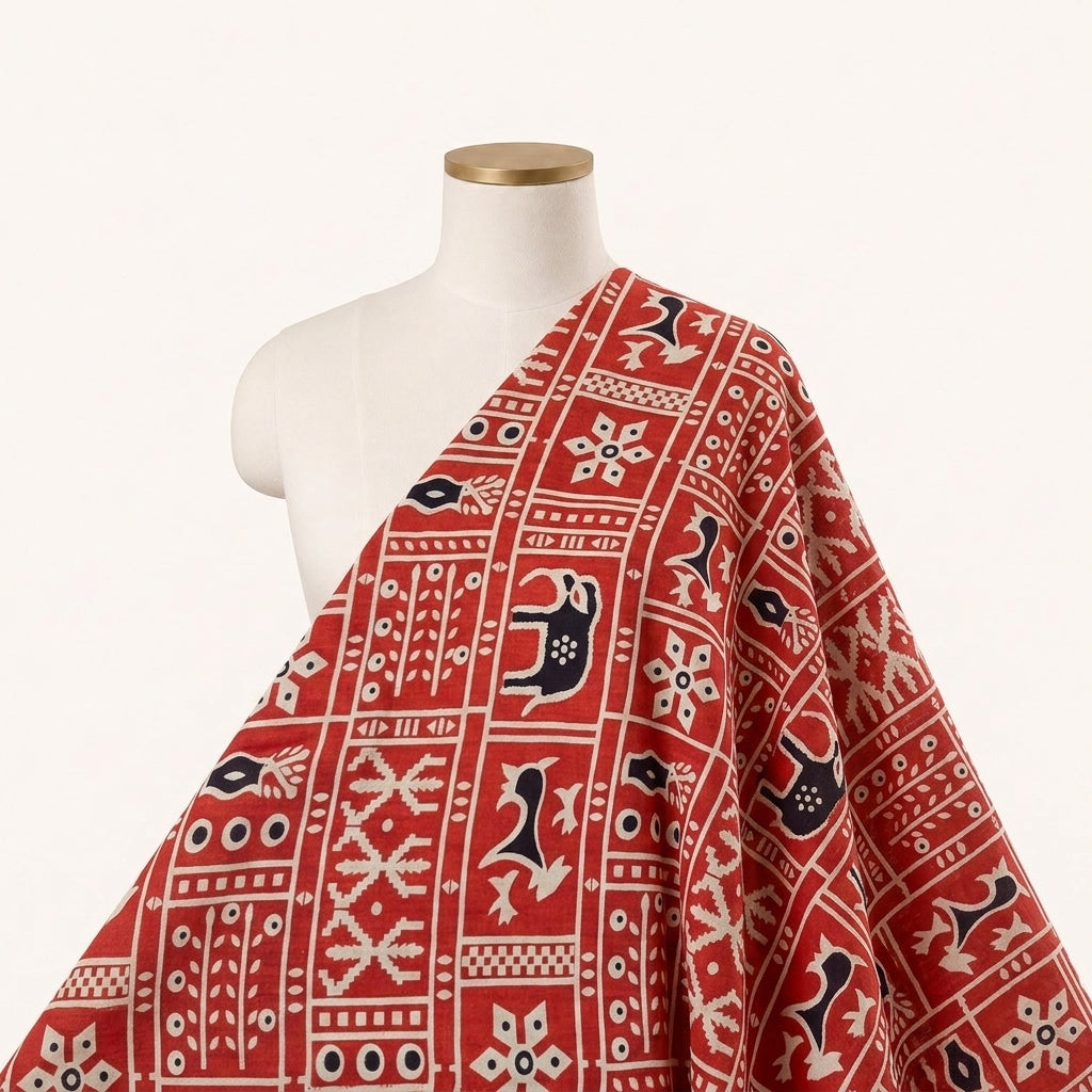Red Printed Cotton Fabric Draped as a saree