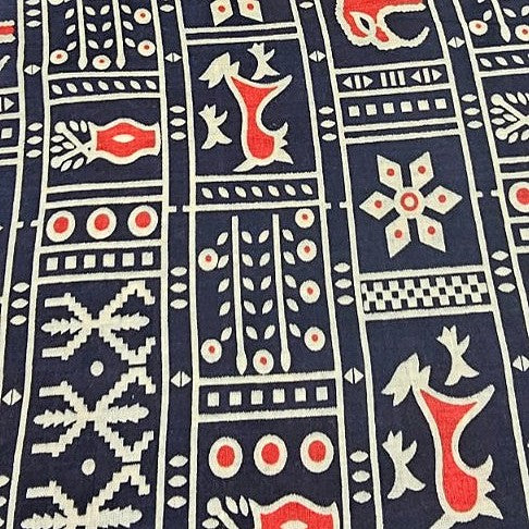 Navy Blue Printed Cotton Fabric, laid flat