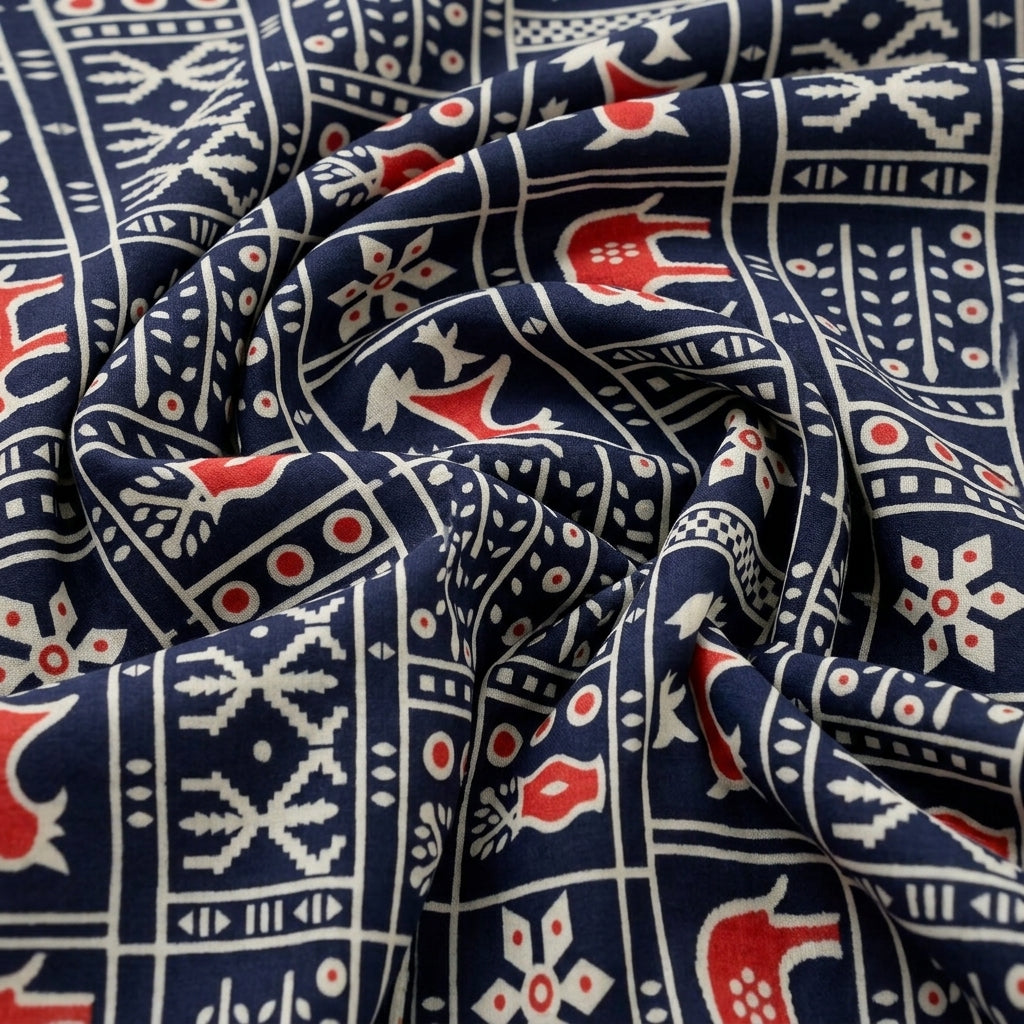 Swirled Navy Blue Printed Cotton Fabric Showing Drape