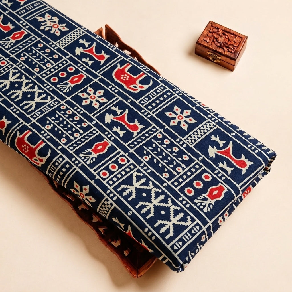 Navy Blue Printed Cotton Fabric