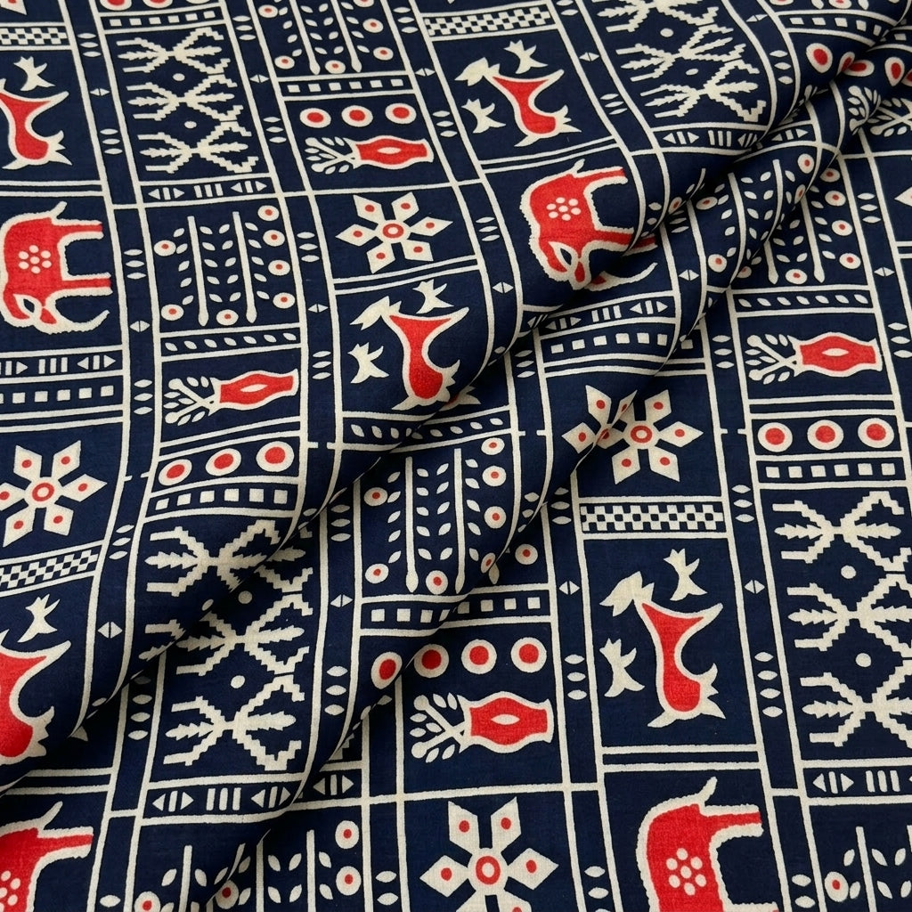 Folded Navy Blue Printed Cotton Fabric