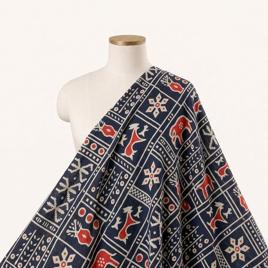 Navy Blue Printed Cotton Fabric Draped as a saree