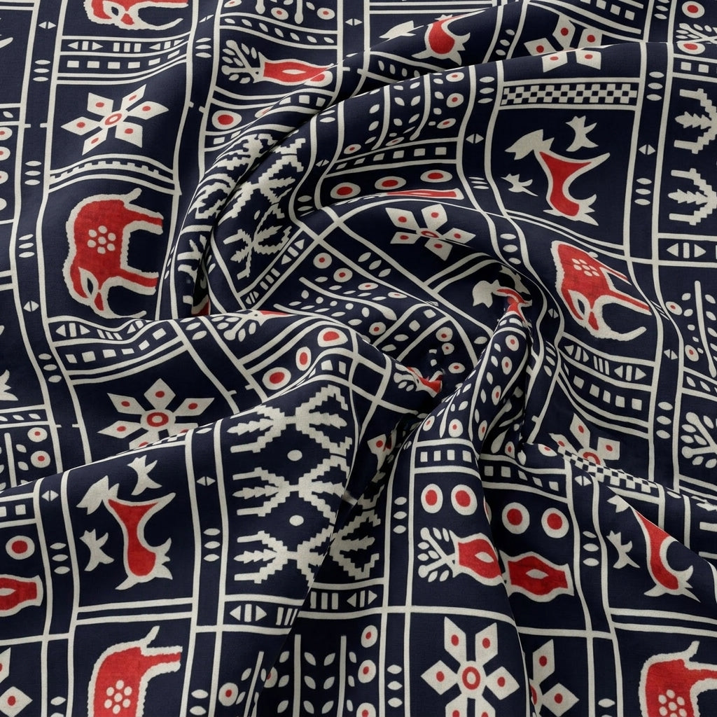 Swirled Black Printed Cotton Fabric Showing Drape