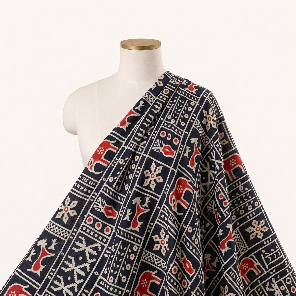 Black Printed Cotton Fabric Draped as a saree
