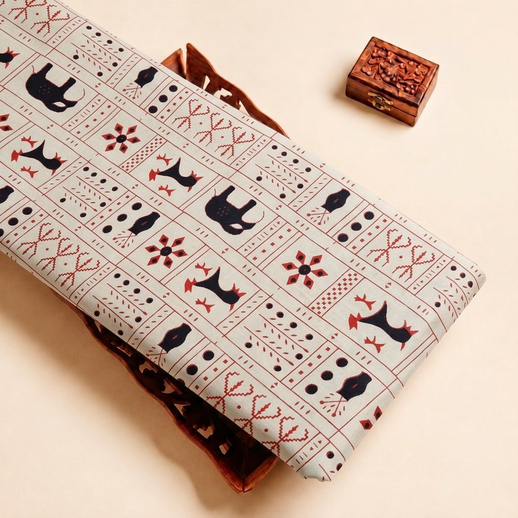 Beige Printed Cotton Fabric