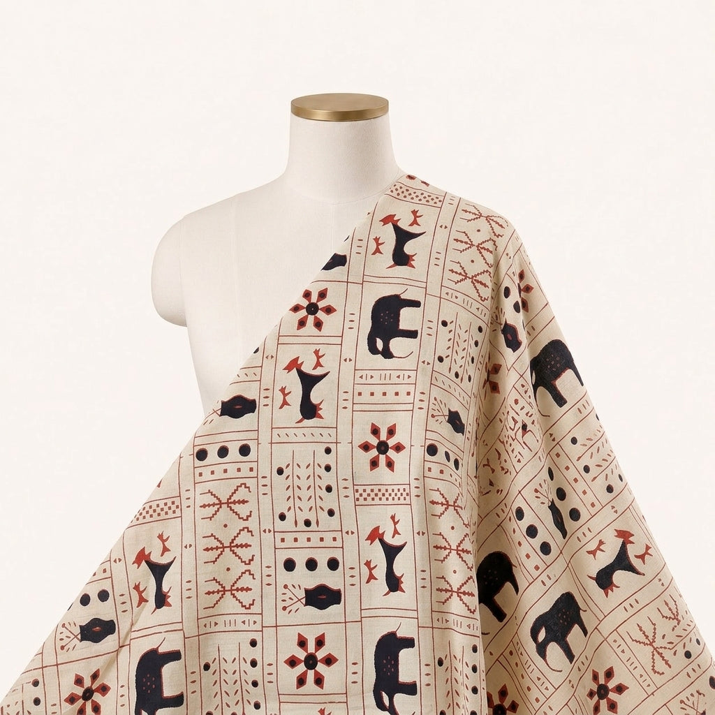 Beige Printed Cotton Fabric Draped as a saree