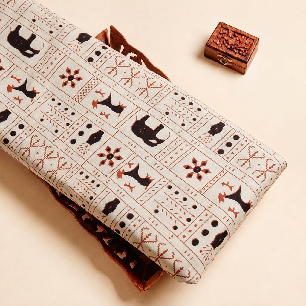 Beige Printed Cotton Fabric
