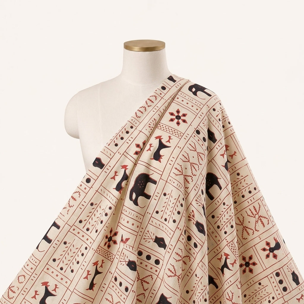 Beige Printed Cotton Fabric Draped as a saree