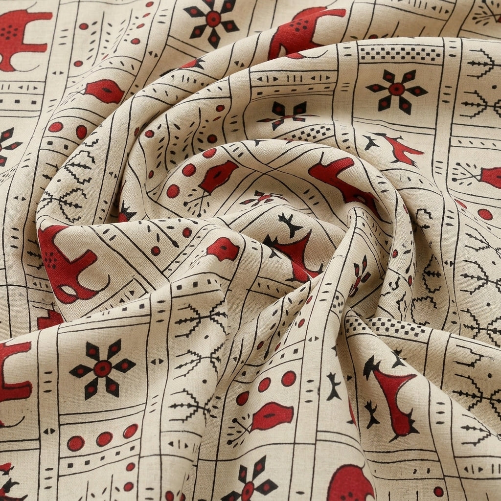 Swirled Beige Printed Cotton Fabric Showing Drape