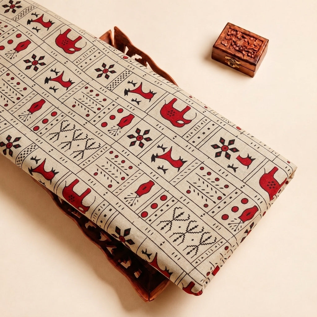 Beige Printed Cotton Fabric