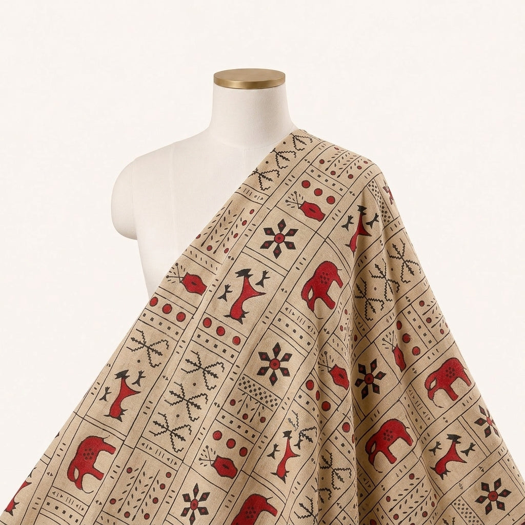 Beige Printed Cotton Fabric Draped as a saree