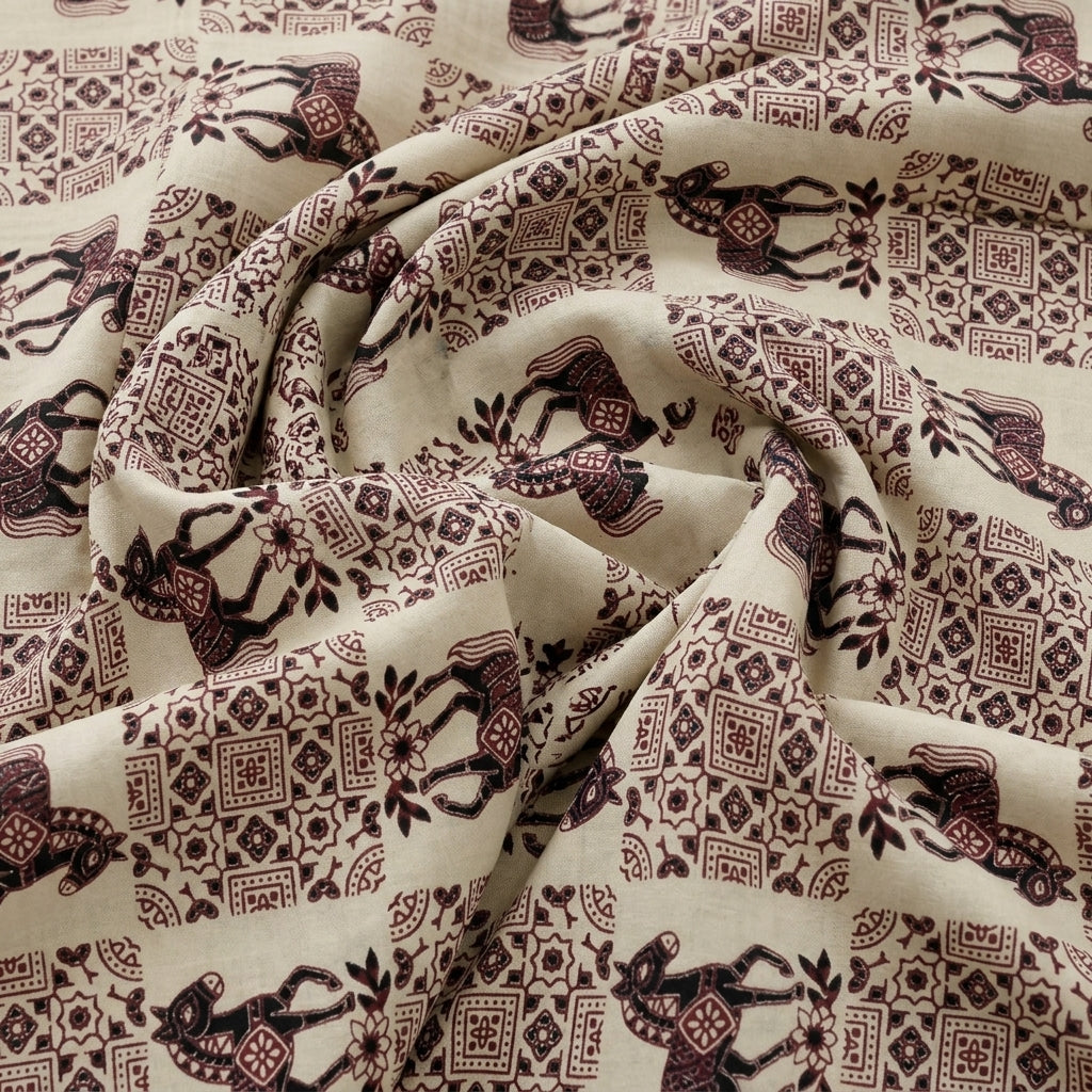 Swirled Beige Printed Cotton Fabric Showing Drape