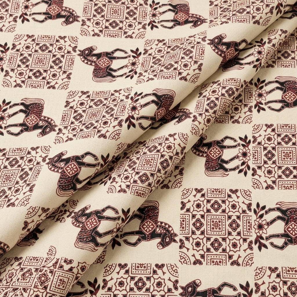 Folded Beige Printed Cotton Fabric
