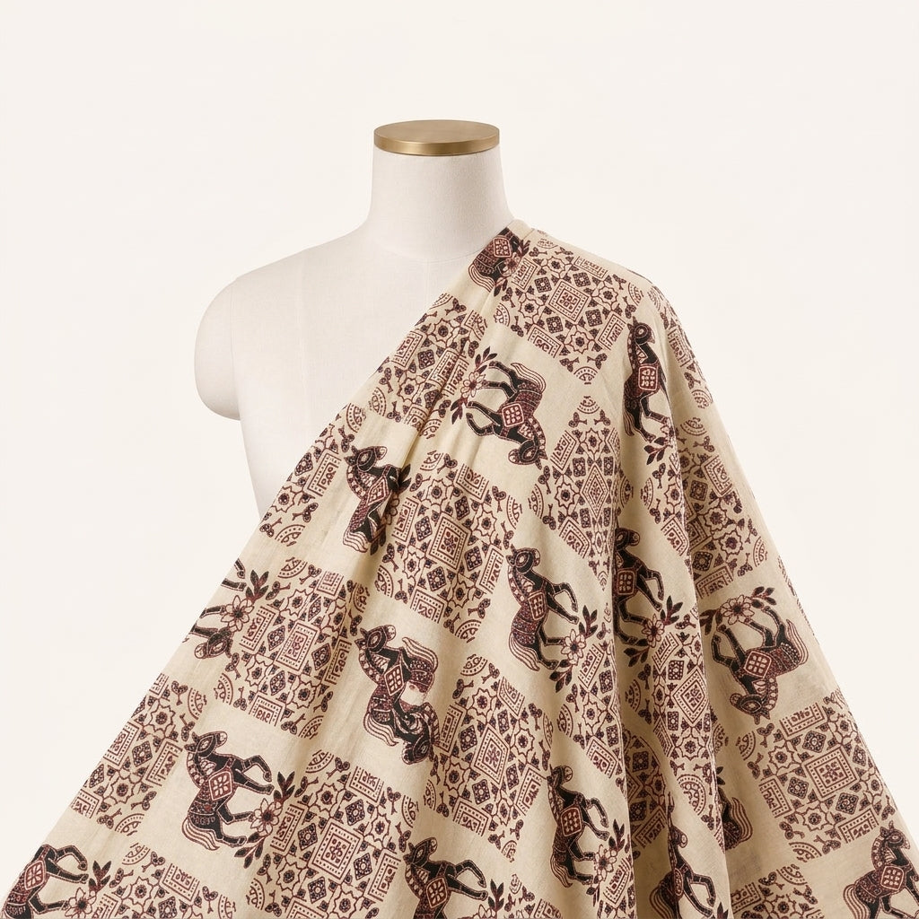 Beige Printed Cotton Fabric Draped as a saree